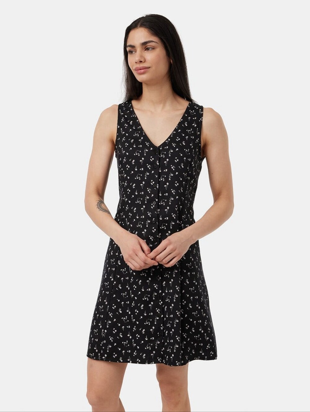 Tentree Black Floral Button-Front Sleeveless Dress